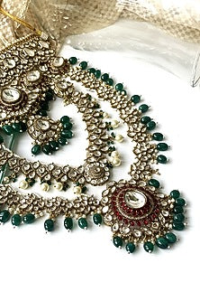 Antique Gold Finish Kundan Polki & Green Synthetic Stone Long Necklace Set