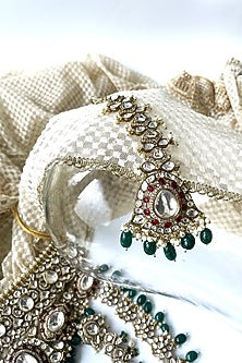 Antique Gold Finish Kundan Polki & Green Synthetic Stone Long Necklace Set