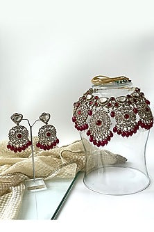 Antique Gold Finish Kundan Polki & Red Beaded Choker Necklace Set