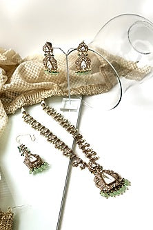 Gold Finish Kundan Polki & Green Beaded Long Necklace Set