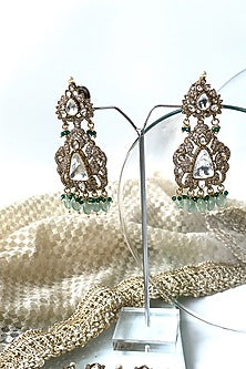 Gold Finish Kundan Polki & Green Beaded Long Necklace Set
