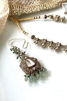 Gold Finish Kundan Polki & Green Beaded Long Necklace Set