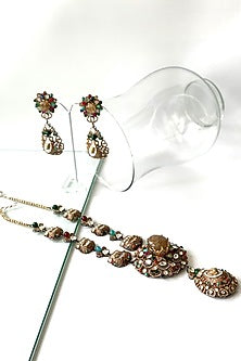 Antique Gold Finish Kundan Polki & Multi-Colored Stone Long Necklace Set