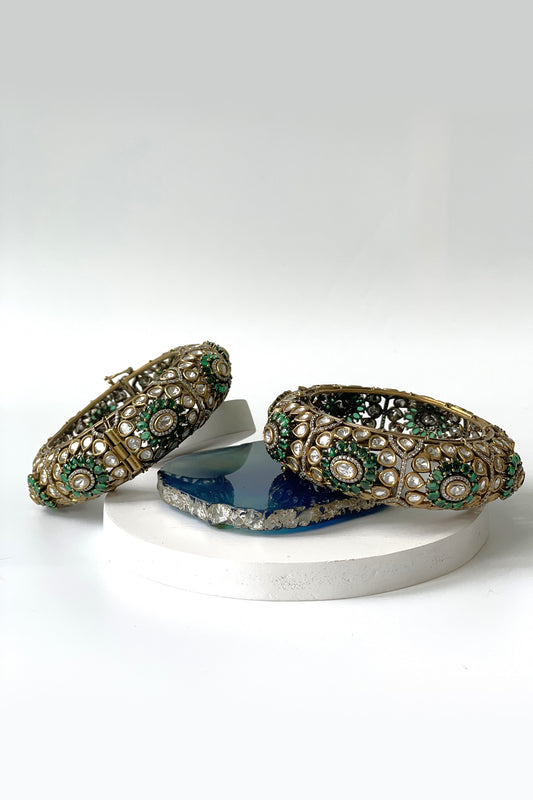 Two-Tone Finish Kundan Polki & Green Stone Bangles (Set Of 2)