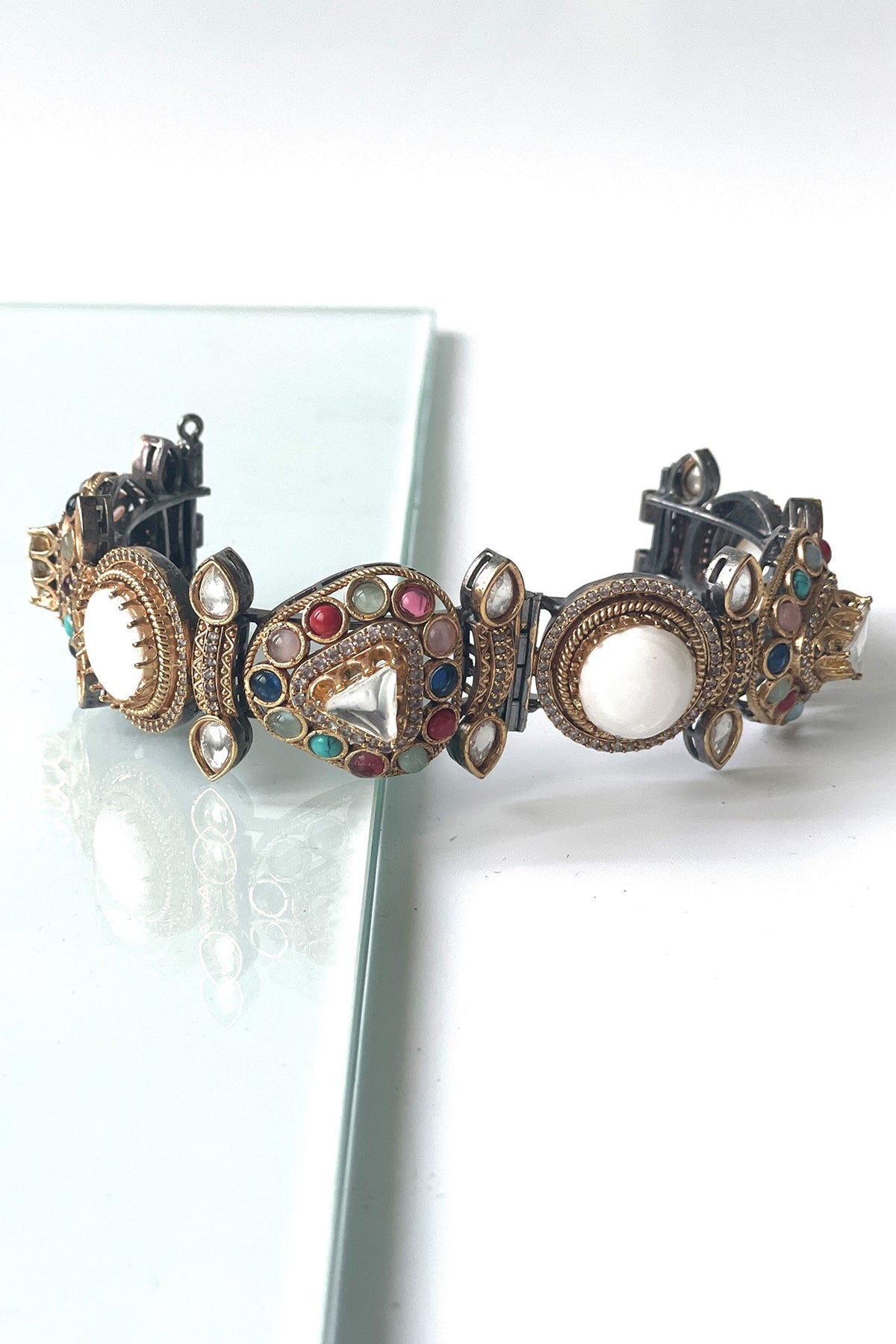 Two-Tone Finish Kundan Polki & Multi-Colored Stone Bangle