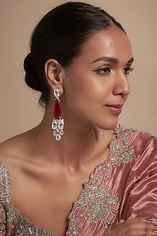 White Finish Red Zircon Dangler Earrings