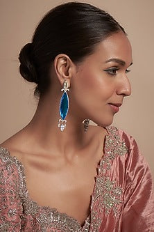 White Finish Blue Crystal & Zircon Dangler Earrings