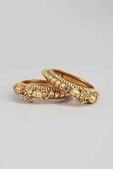 Gold Finish Motif Temple Bangles (Set of 2)