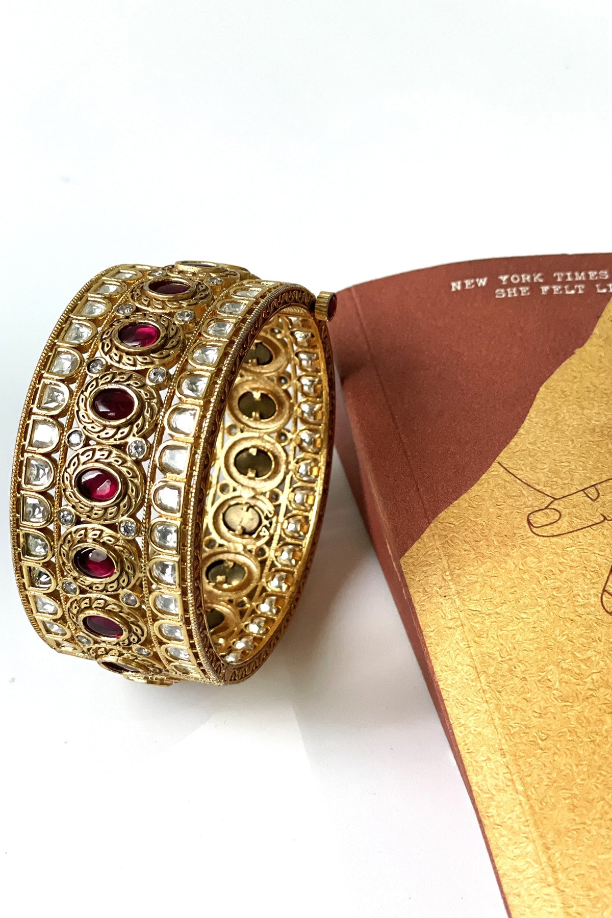 Gold Finish Kundan Polki & Ruby Bangle
