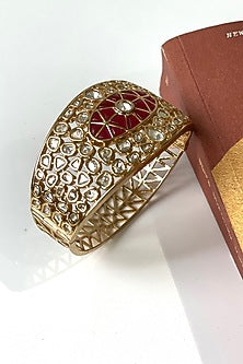 Gold Finish Kundan Polki & Red Stone Bangle