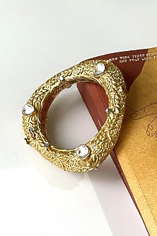 Gold Finish Kundan Polki & Synthetic Stone Carved Bangle