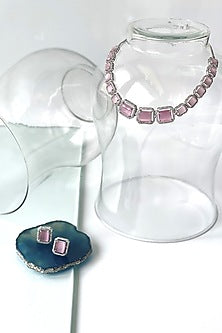 White Finish Pink Synthetic Stone Choker Necklace Set