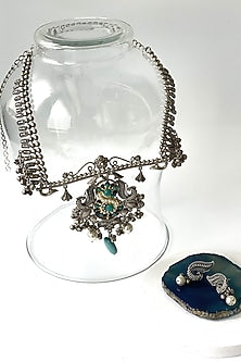 Black Rhodium Finish Oxidised Turquoise Stone Long Necklace Set