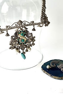 Black Rhodium Finish Oxidised Turquoise Stone Long Necklace Set