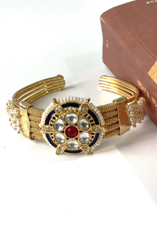 Gold Finish Kundan Polki & Red Synthetic Stone Cuff