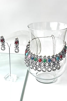 Black Rhodium Finish Kundan Polki & Multi-Colored Stone Choker Necklace Set