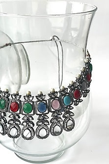 Black Rhodium Finish Kundan Polki & Multi-Colored Stone Choker Necklace Set
