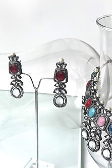 Black Rhodium Finish Kundan Polki & Multi-Colored Stone Choker Necklace Set