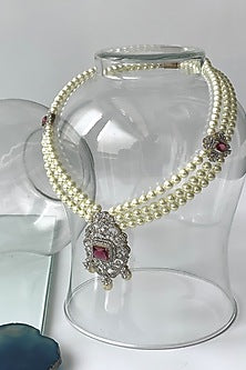 White Finish Pearl & Zircon Long Necklace