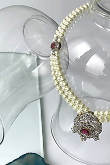 White Finish Pearl & Zircon Long Necklace