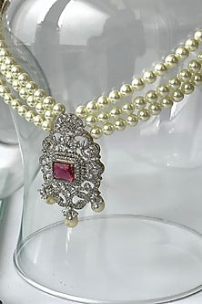 White Finish Pearl & Zircon Long Necklace