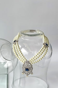 White Finish Pearl & Zircon Long Necklace