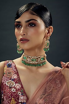 Gold Finish Sea Green Stone & Kundan Polki Choker Necklace Set