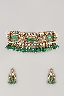 Gold Finish Sea Green Stone & Kundan Polki Choker Necklace Set