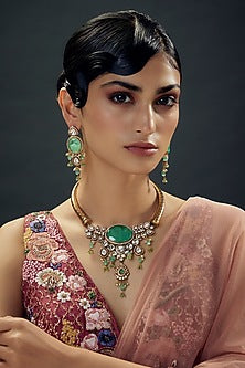 Gold Finish Sea Green Doublet Stone Hasli Necklace Set