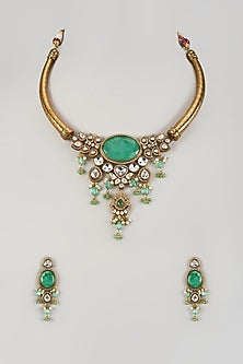 Gold Finish Sea Green Doublet Stone Hasli Necklace Set