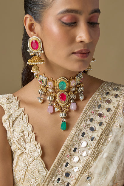 Gold Finish Multi-Colored Stone Necklace Set