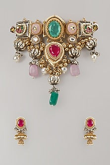 Gold Finish Multi-Colored Stone Necklace Set