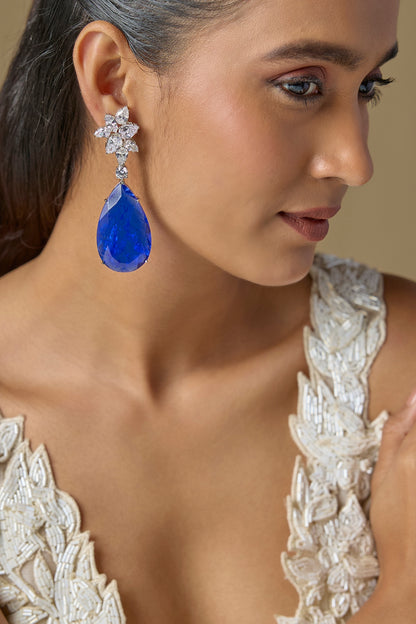 White Finish Blue Stone & Zircon Dangler Earrings