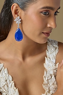 White Finish Blue Stone & Zircon Dangler Earrings