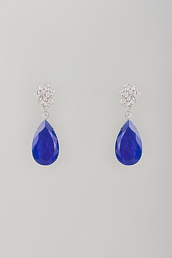 White Finish Blue Stone & Zircon Dangler Earrings