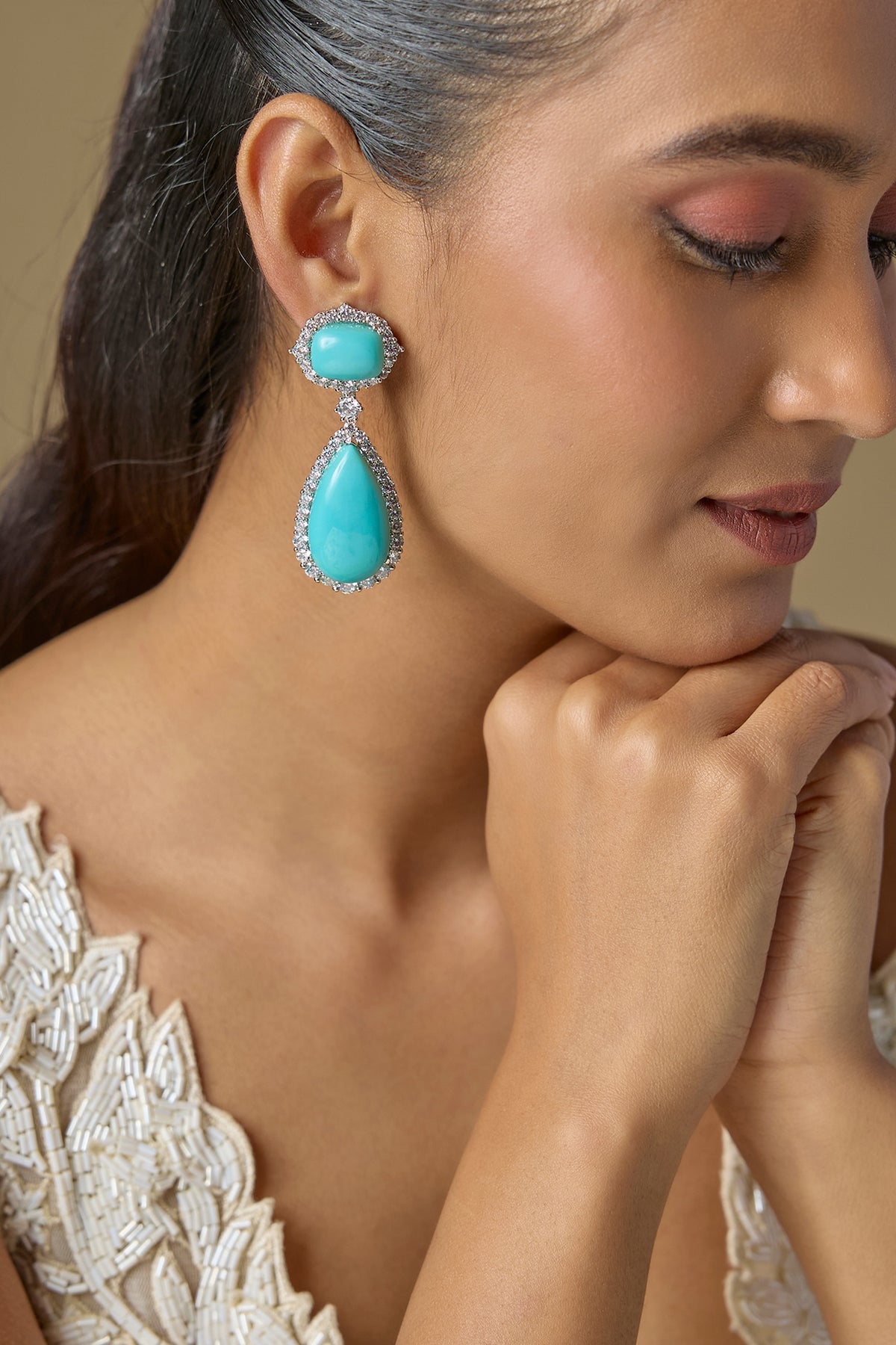 White Finish Turquoise Stone & Zircon Dangler Earrings