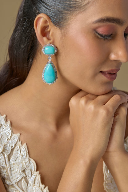 White Finish Turquoise Stone & Zircon Dangler Earrings