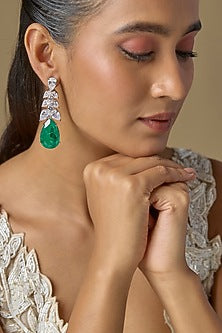 White Finish Green Stone & Zircon Dangler Earrings