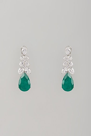 White Finish Green Stone & Zircon Dangler Earrings