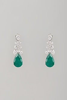 White Finish Green Stone & Zircon Dangler Earrings