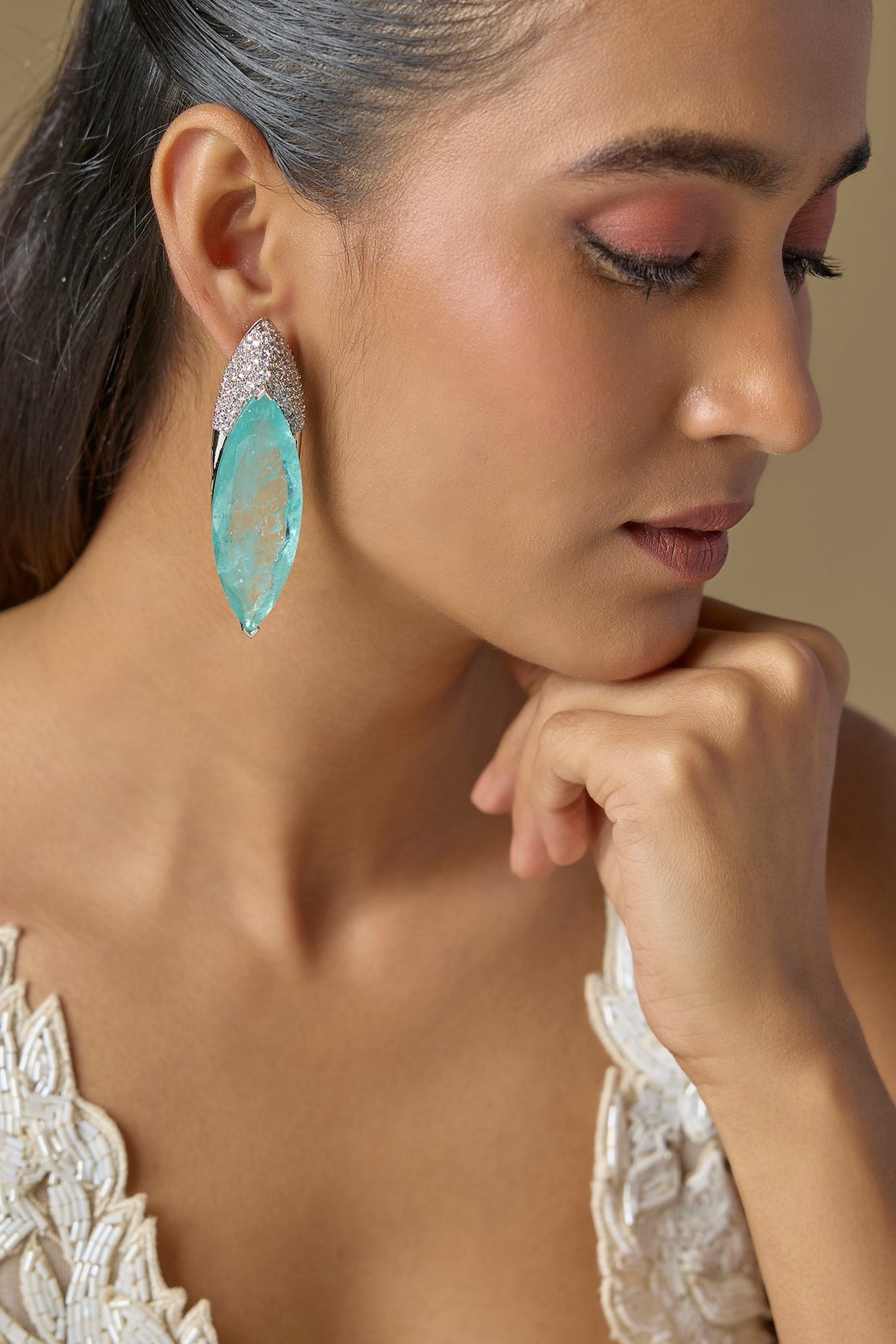 White Finish Aqua Blue Crystal & Zircon Dangler Earrings