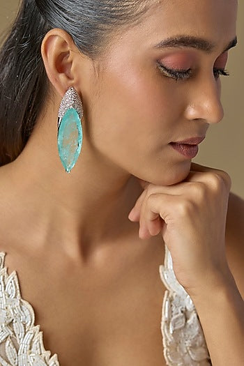 White Finish Aqua Blue Crystal & Zircon Dangler Earrings