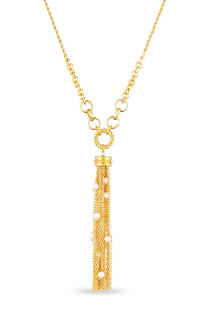 Gold Plated Freshwater Pearl & Tassel Drop Necklace