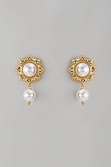 Gold Finish Pearl Drop Stud Earrings