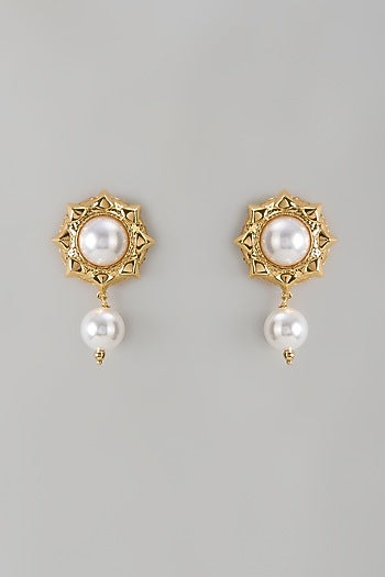 Gold Finish Pearl Drop Stud Earrings