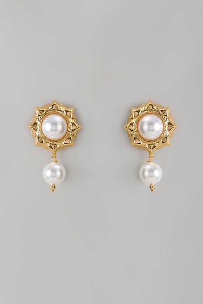 Gold Finish Pearl Drop Stud Earrings