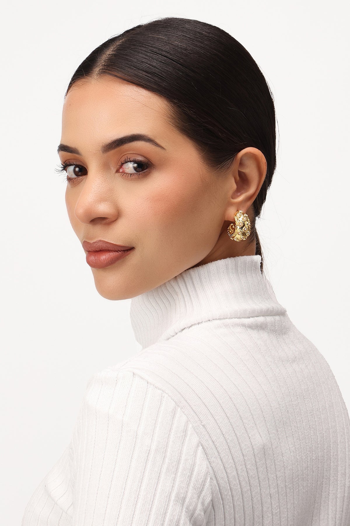 Gold Finish Cabochon Pearl Hoop Earrings