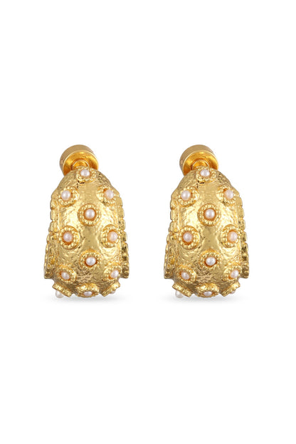 Gold Finish Cabochon Pearl Hoop Earrings