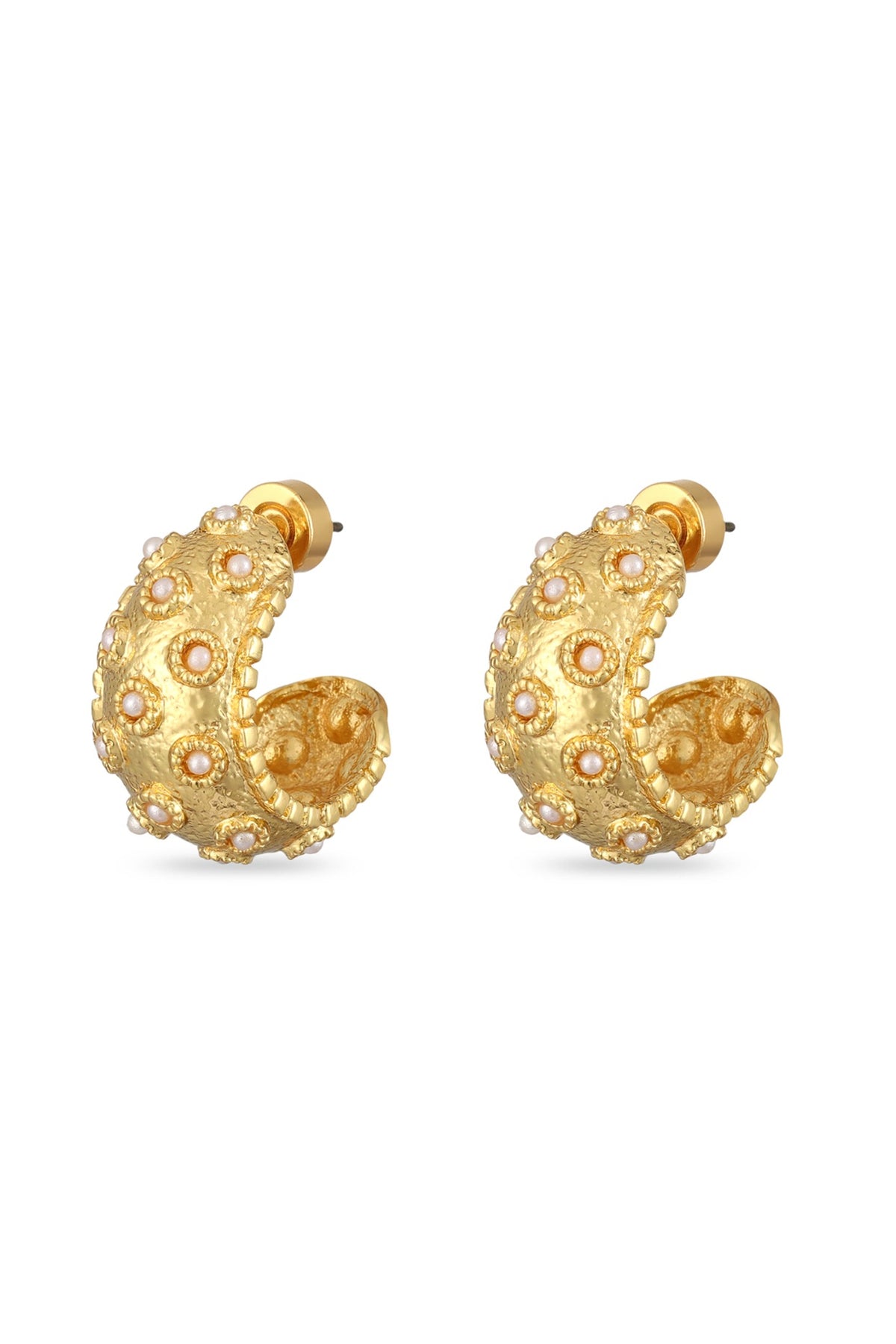 Gold Finish Cabochon Pearl Hoop Earrings