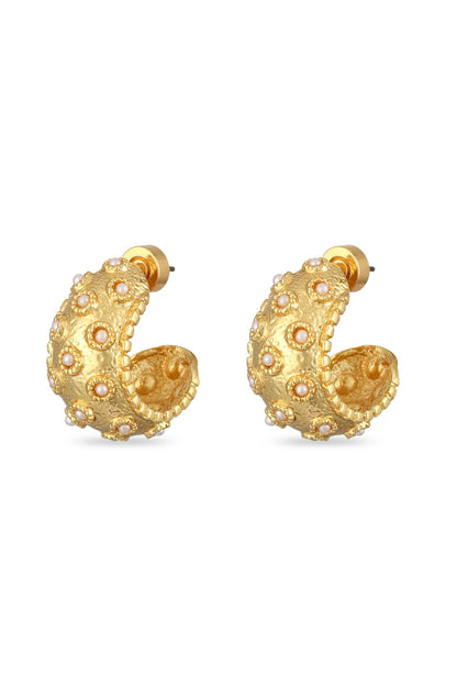 Gold Finish Cabochon Pearl Hoop Earrings